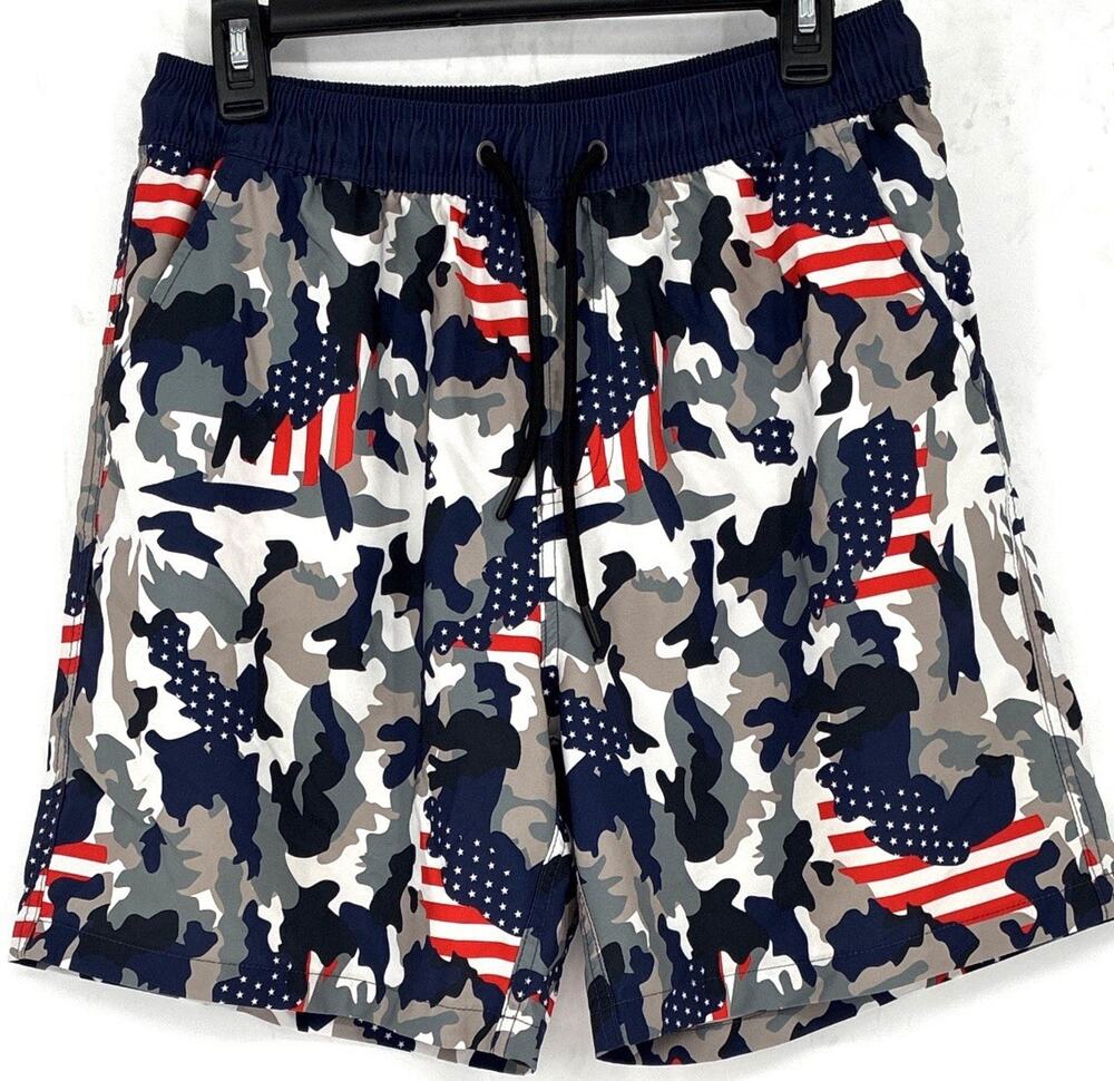 Red Wht Blue Americana Mens L Red Drawstring Elastic 250th BDAY Swim Trunk Mesh